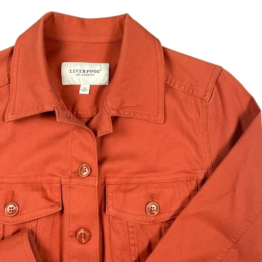 Liverpool Los Angeles Burnt Orange Peplum Denim Jacket Rust Pleated Back Sz XS